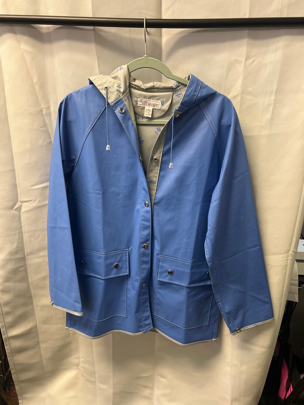 Lady Van Heusen Medium Blue Hooded Raincoat Snap Button Pockets